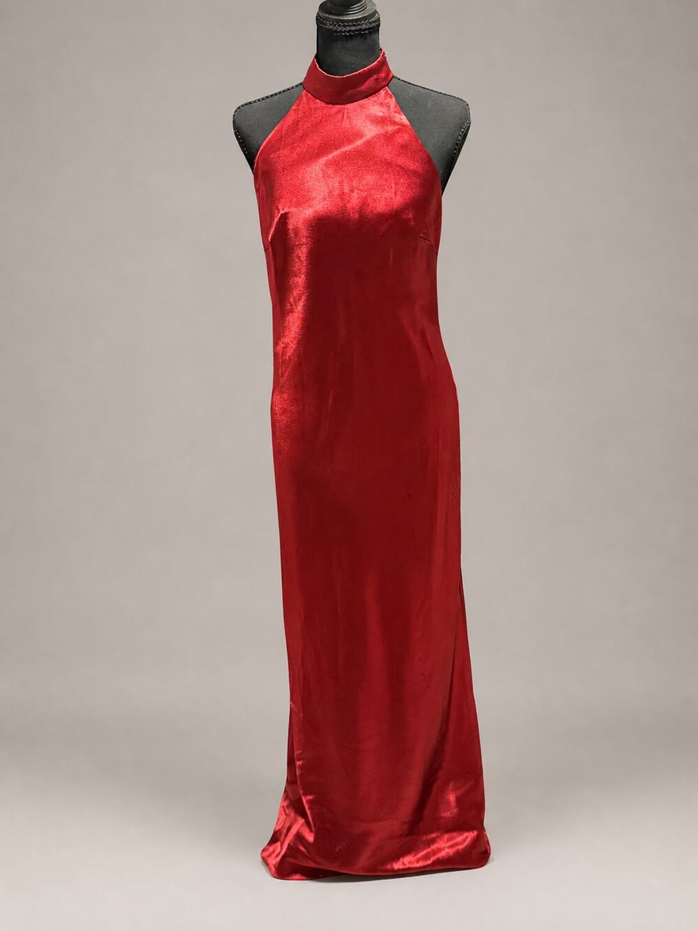 AW Bridal Ruby Red Satin Halter Open Back Maxi Gown Dress Size 8